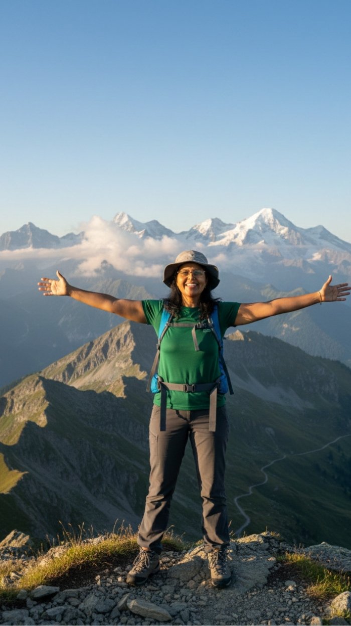 Woman standing on a mountain summit with arms open wide — a symbol of freedom and full recovery